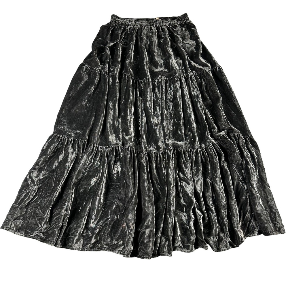 Double D Ranchwear Crushed Velvet Maxi Skirt Womens Small Gray Tiered‎ Boho